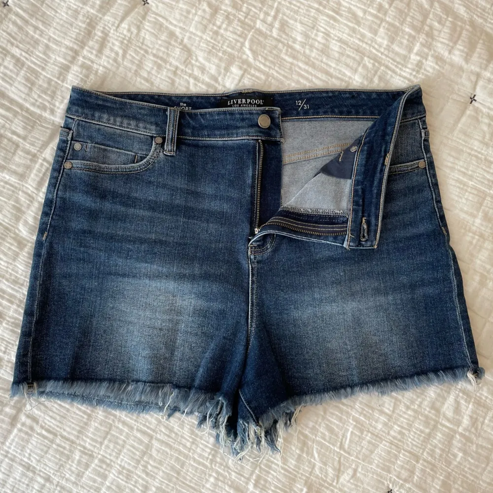 LIVERPOOL High Rise Raw Frayed Hem Dark Wash Denim Shorts Size 12/31 - Image 4