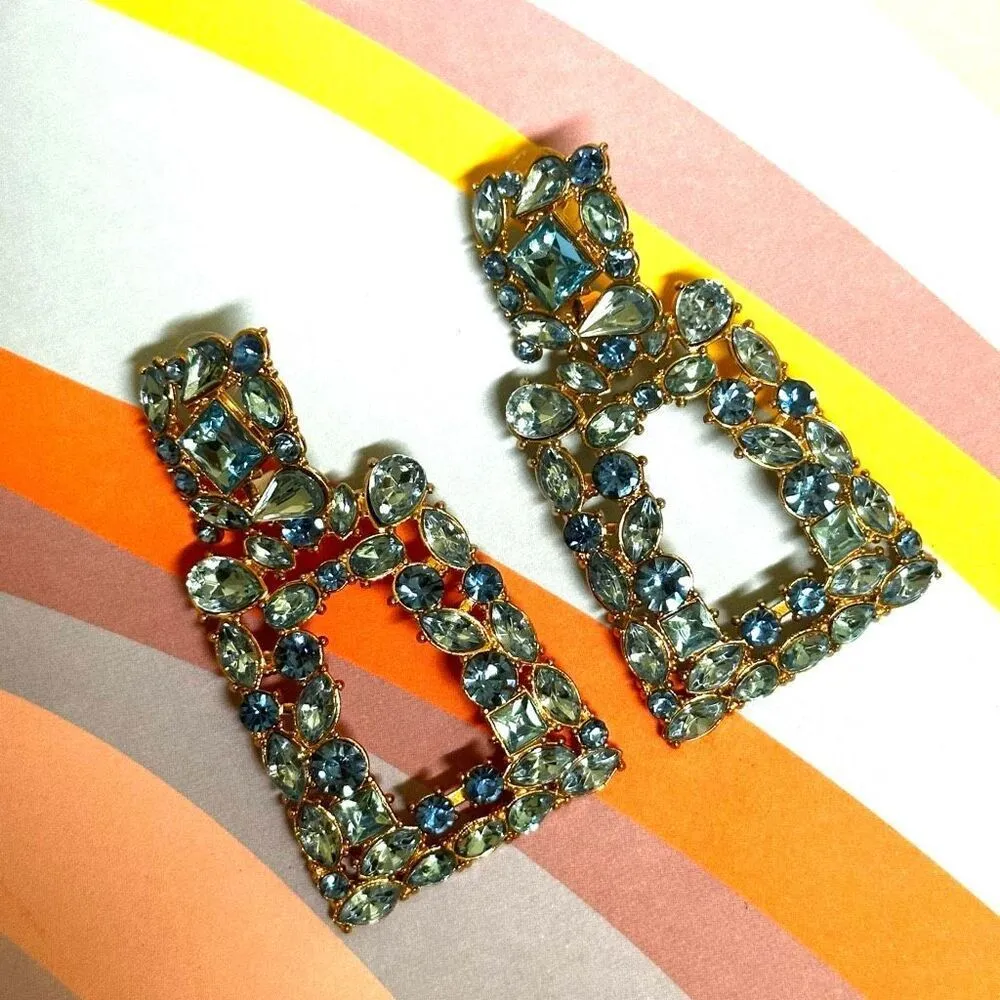 Blue rhinestone gold tone statement earrings - Image 2