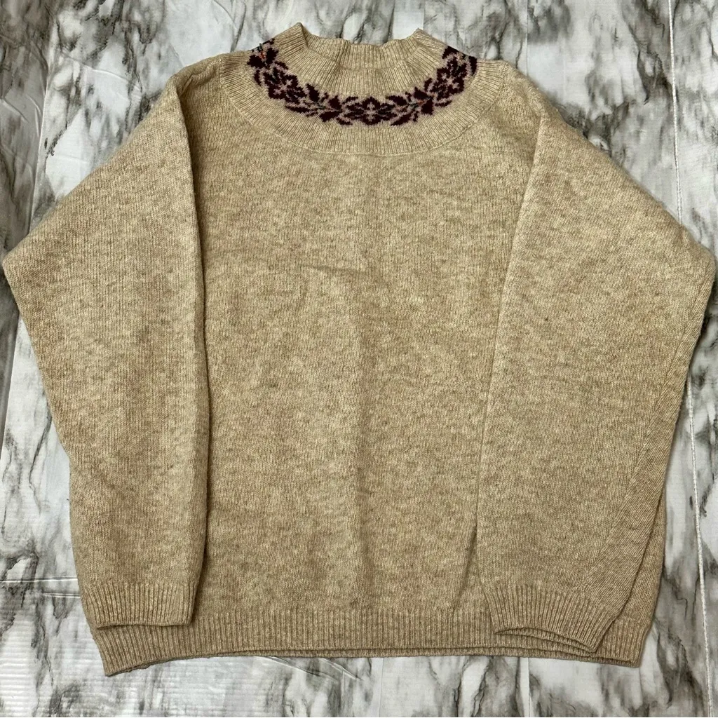 United Colors Of Benetton Oatmeal Pop Over Sweater Collar Pattern Cozy Cabincore - Image 2