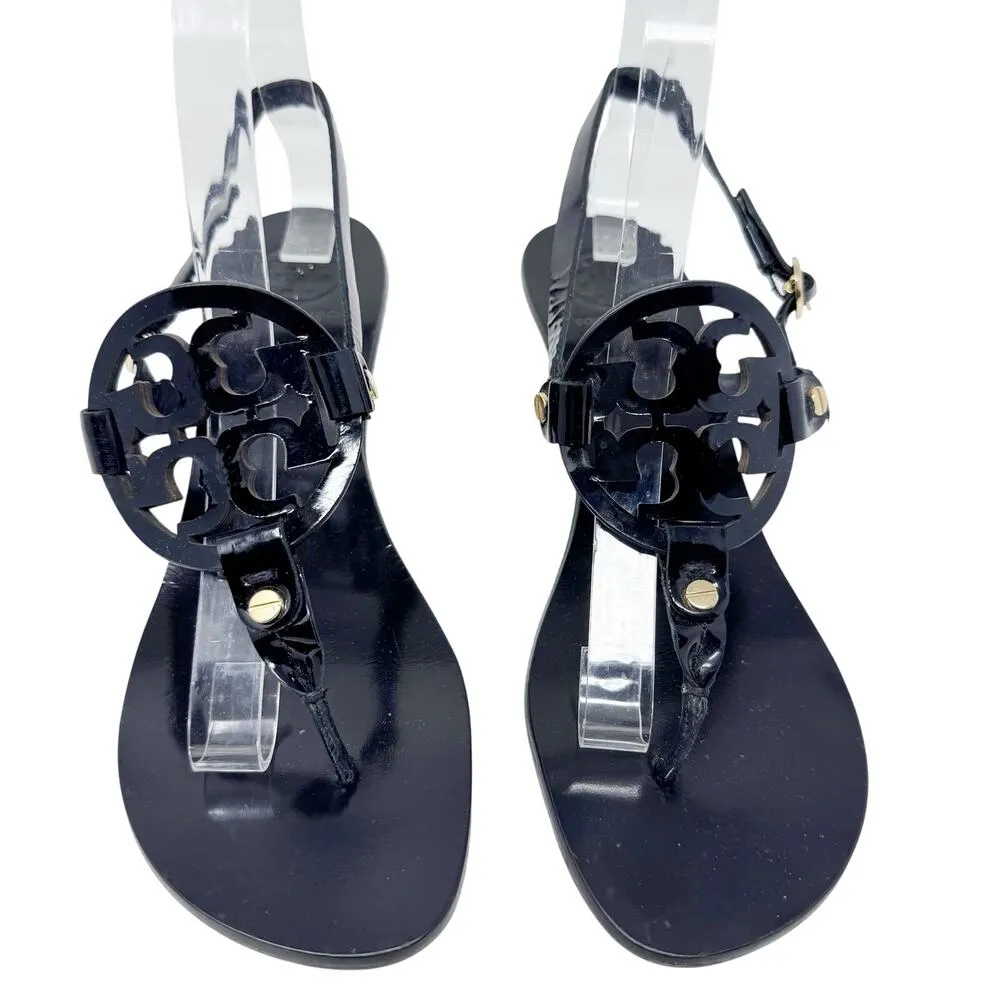 TORY BURCH Black Patent Leather Miller Kitten Heels Sandals Logo Classic Size 8 - Image 2