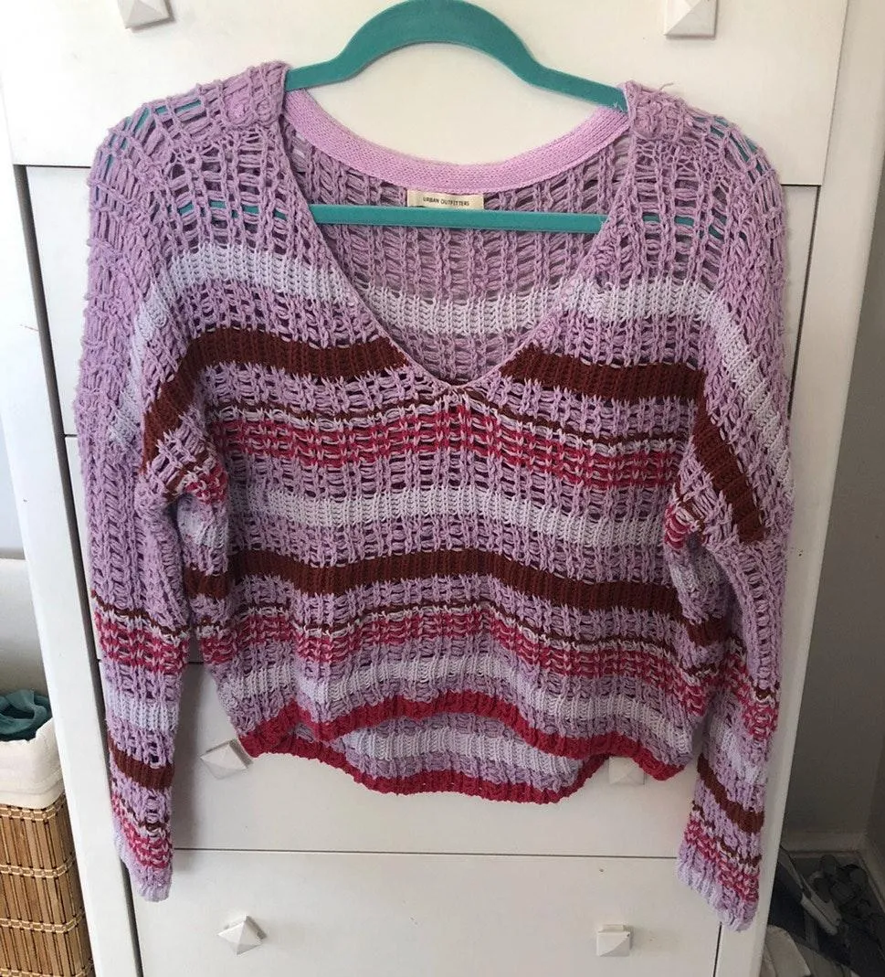Urban Outfitters purple striped v-neck cropped crochet sweater - Image 3