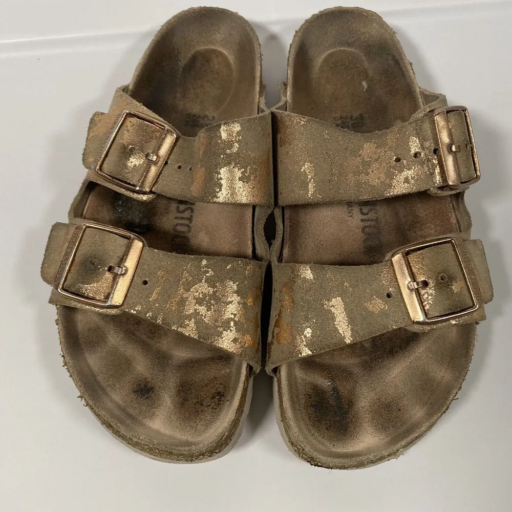 Birkenstock Arizona Suede Leather Sandals in Vintage Metallic Rose Copper Sz 38N - Image 2