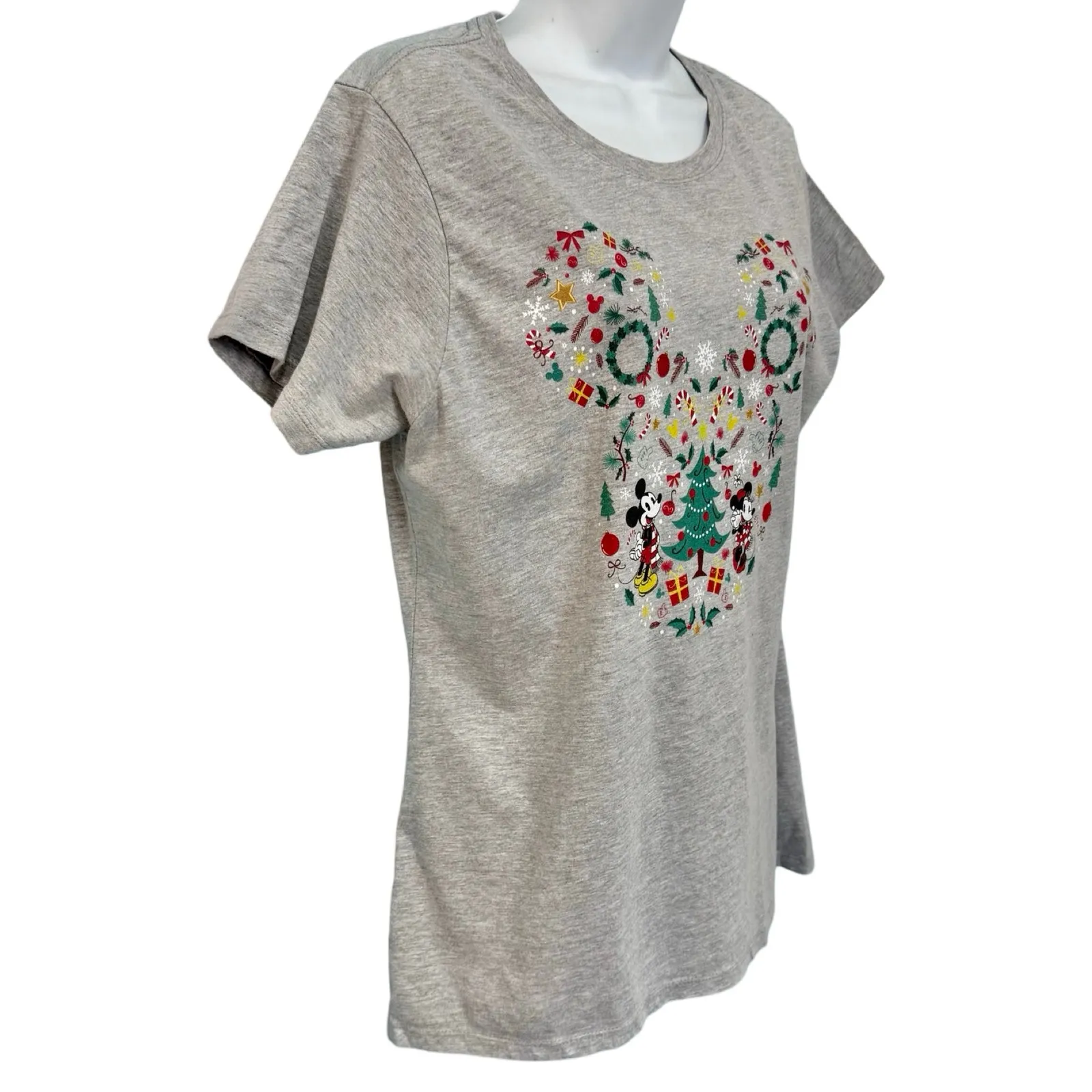 Disney Mickey Mouse Ears Friends Gray Christmas Holiday Tee Shirt Women's size L - Image 9