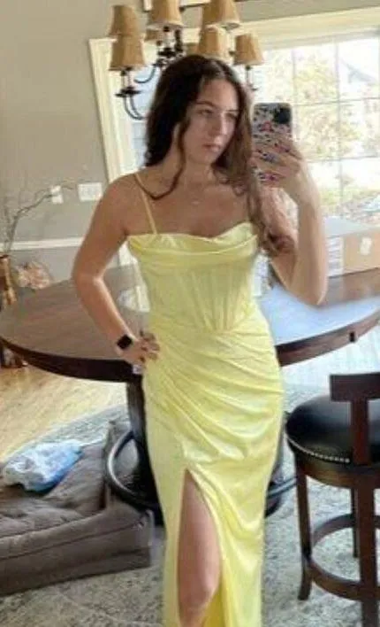 MAC DUGGAL Bustier Side Ruched Bodycon Gown in Lemon Yellow Size US 8 - Image 4