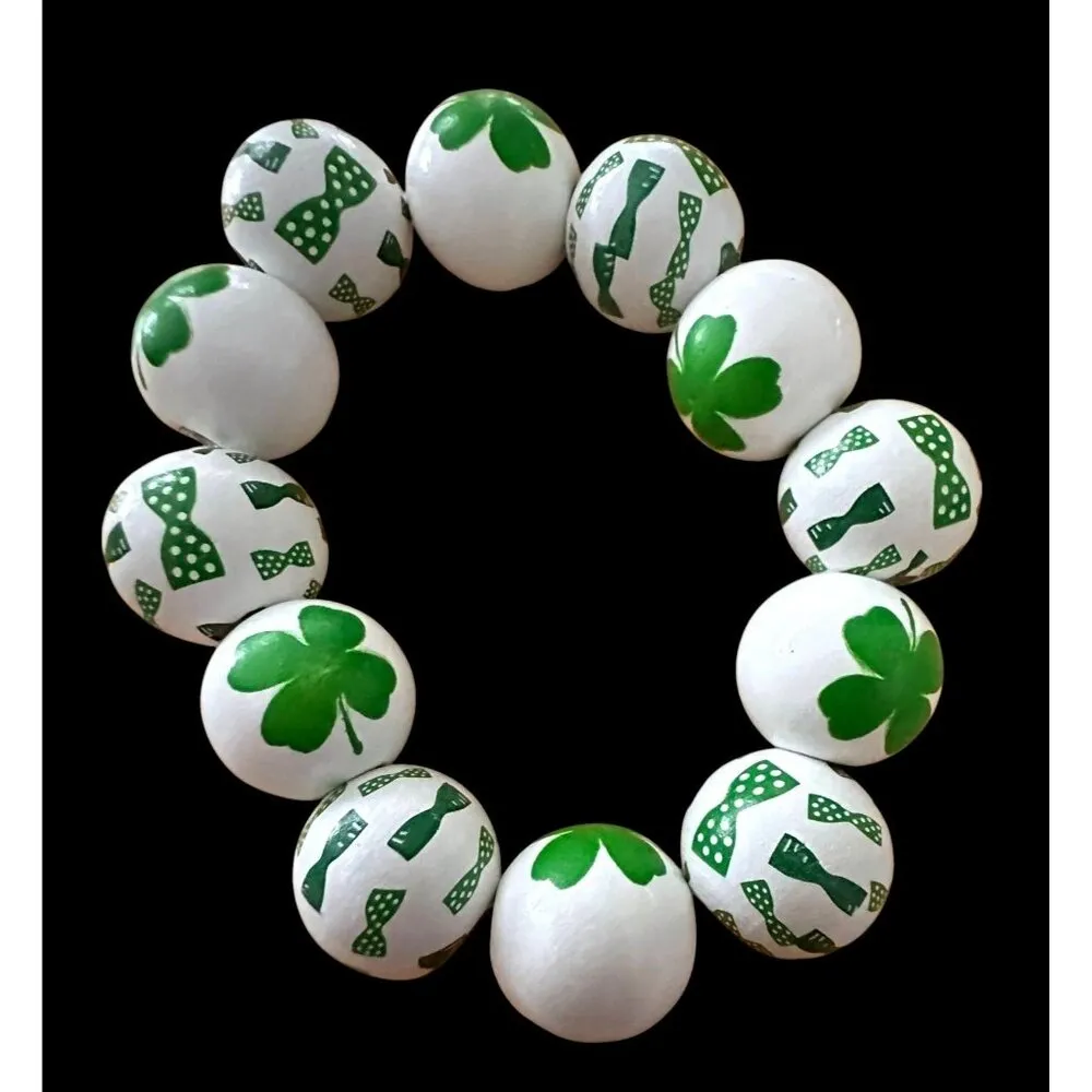 Luck of the Irish Clover Wood Beaded Stretch Bracelet St Patricks Day Ne… Green - Image 8
