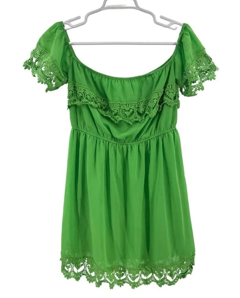 Umgee Green Mini off the shoulder lace trim detail dress M lined bright festival - Image 2