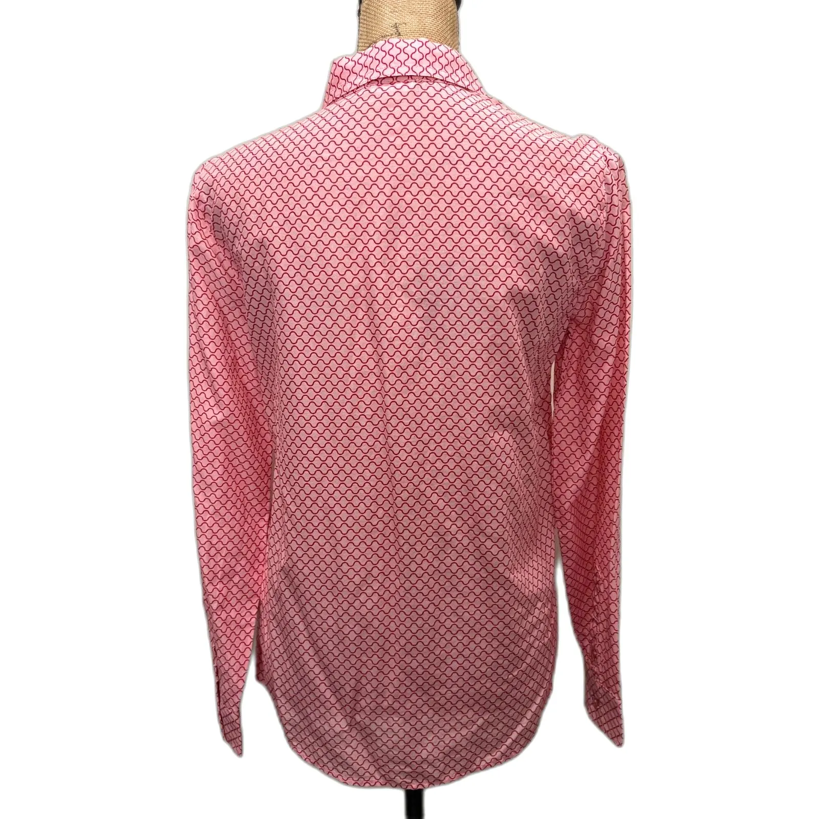 United Colors of Benetton Pink Red Wave Print Button Up Blouse Cotton Size Small - Image 3