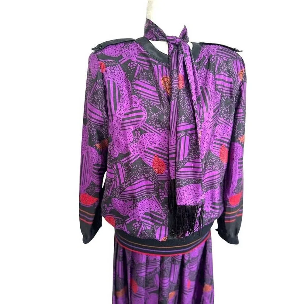 Andrea Gayle VINTAGE 80s Abstract Purple Black Midi Pleated Skirt Blouse Size 14 - Image 2