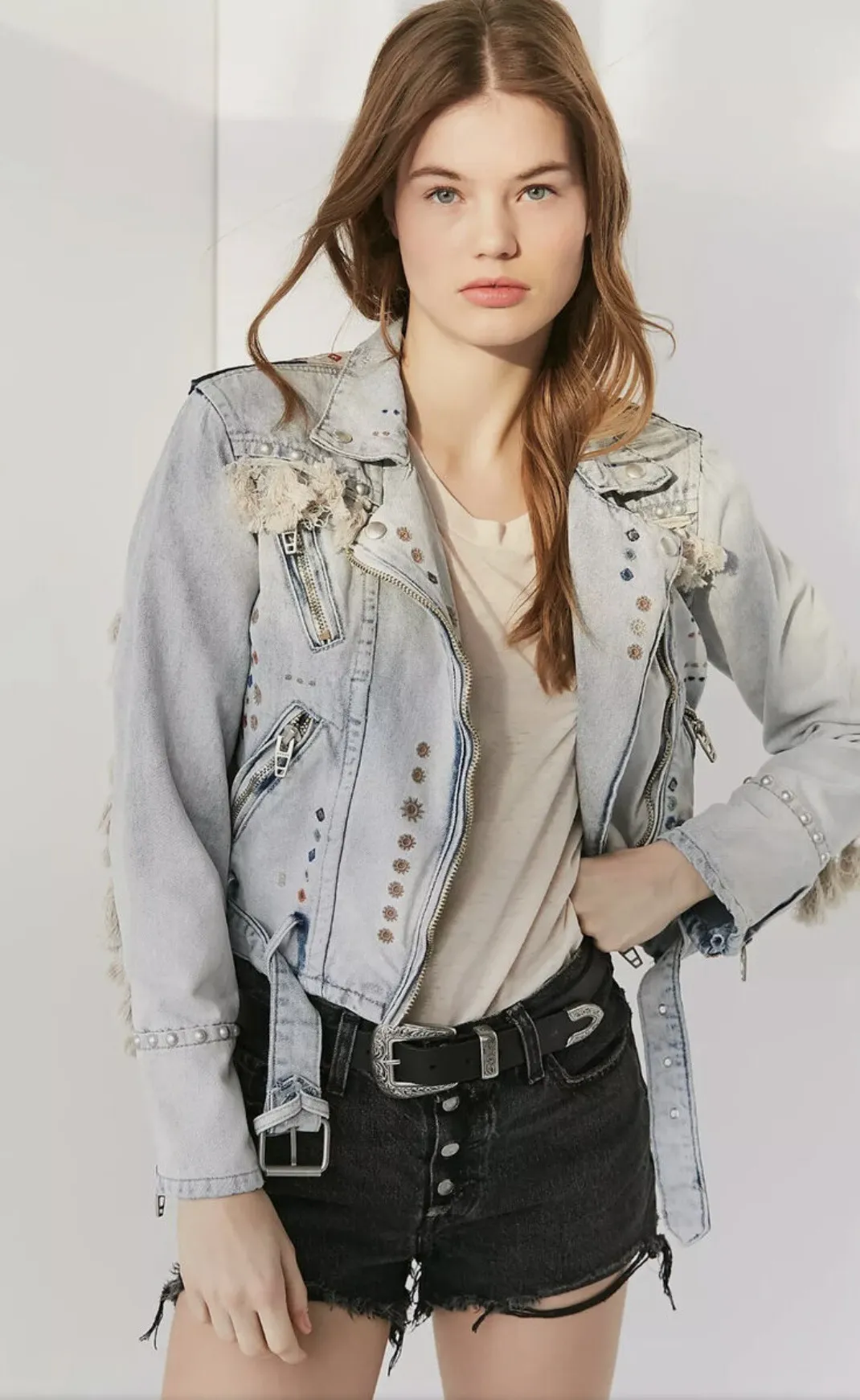 BlankNYC Wandering Wind Fringe Tassel Trim Studded Denim Jacket - Image 2