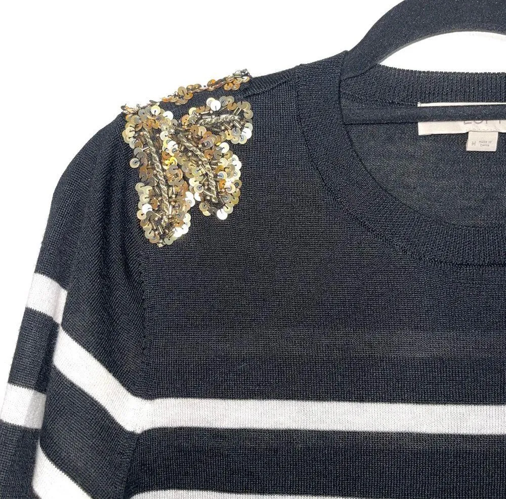 Ann Taylor  Black & White Striped Sequin Shoulder Sweater - Image 3