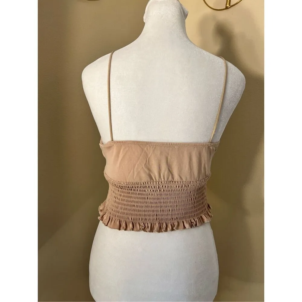 Love Tree Beige Tan Brown Pleated Smocked Ruffle Crop Top Medium - Image 2