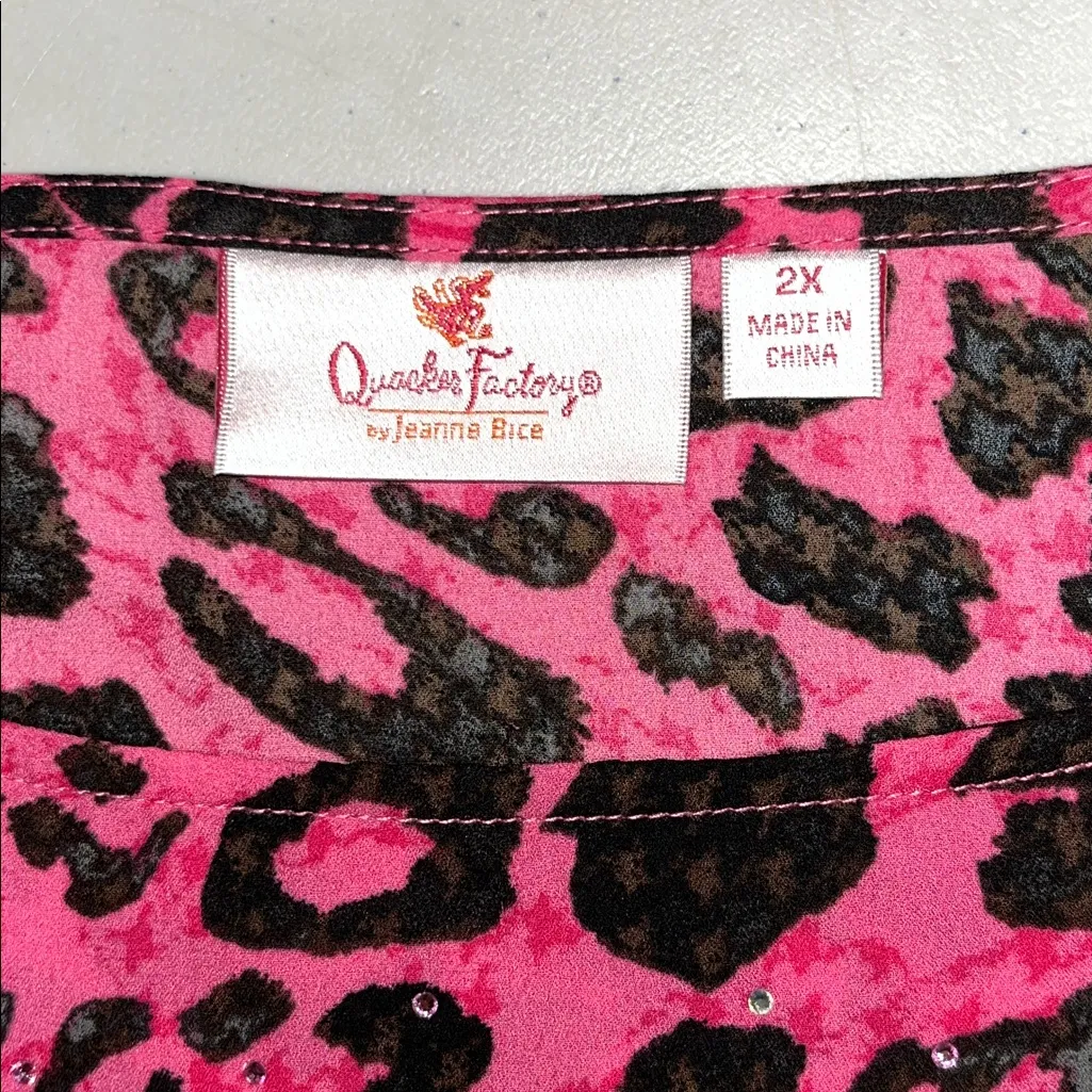 Quacker Factory 2X Pink Black Animal Print Embellished Caftan Poncho Blouse Top - Image 4
