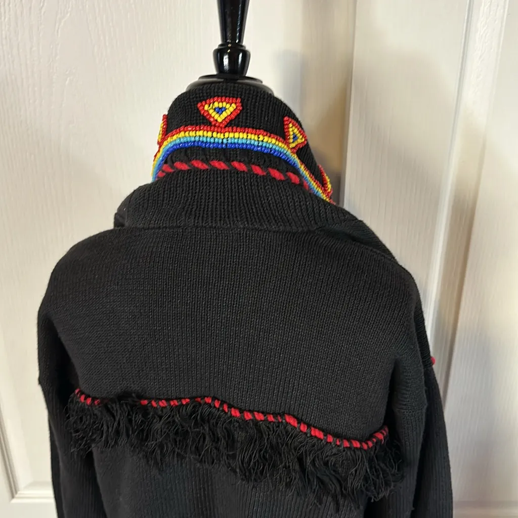 VTG NATIVE AMERICAN HAND BEADED COLORFUL GEOMETRIC CARDIGAN ARROWHEAD Black - Image 7