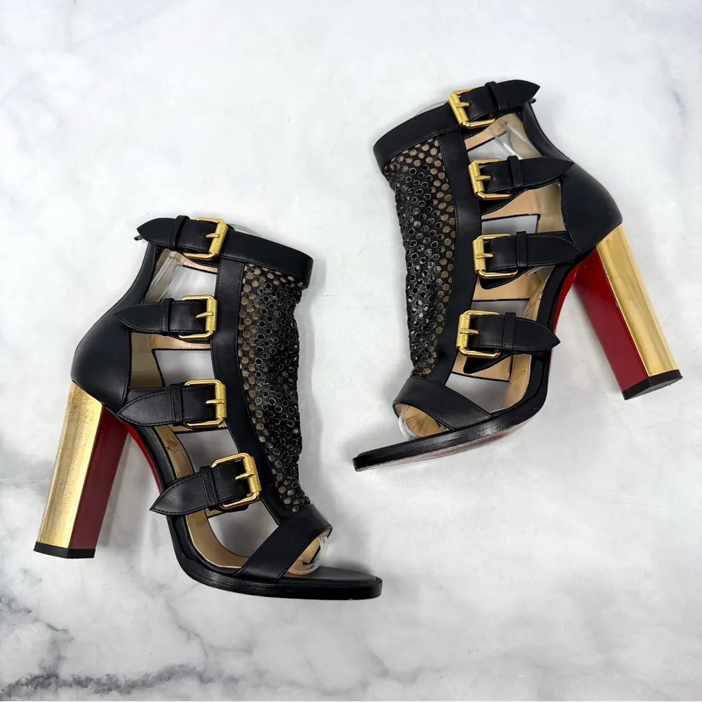 Christian Louboutin Fencing 100 Leather Gladiator Buckle Block Heel Bootie Black - Image 2