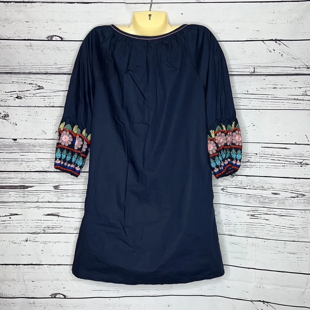 Mello Day NWT Size S Navy Blue Boho Embroidered Keyhole Tassel Tie Sheath Dress - Image 4