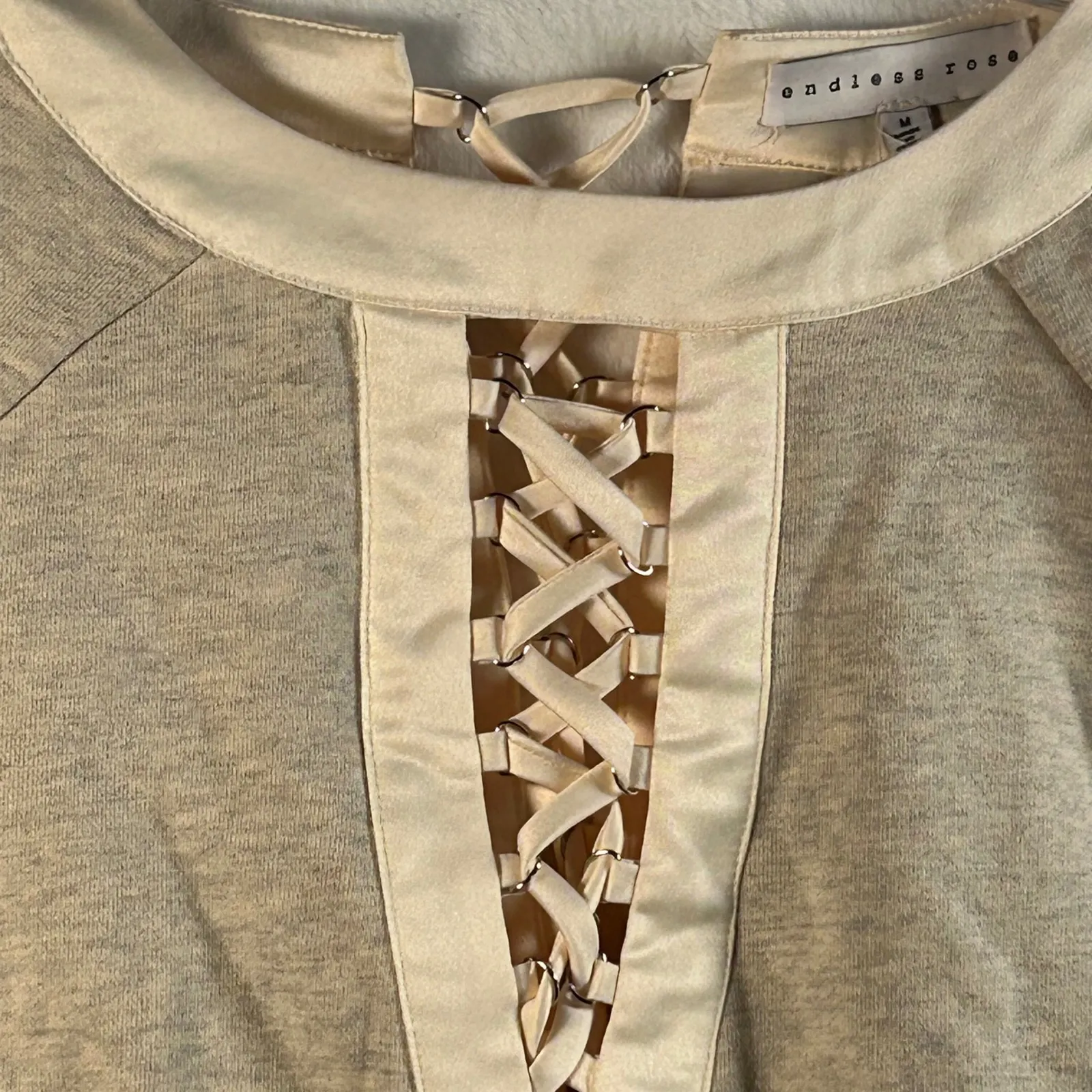 Endless Rose Beige Ribbed Bell Sleeve Lace Up Front Cropped Sweatshirt Top M - Image 3