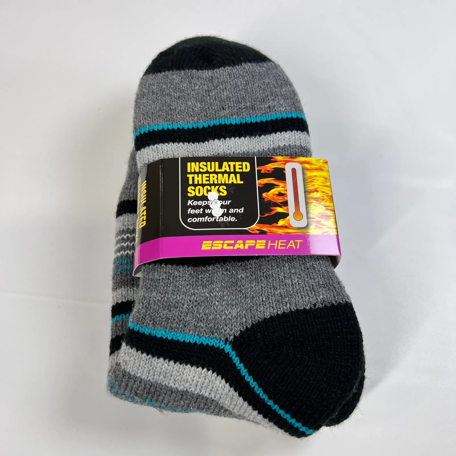 Escape Heat‎ Insulated Thermal Socks Women 9 11 Gray Black Aqua Stripe Cozy Warm - Image 4