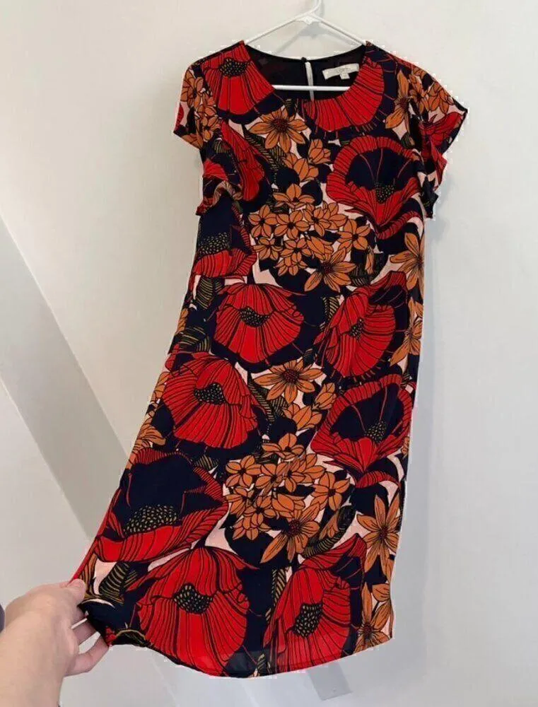 ANN TAYLOR LOFT Autumn Blossom Flutter Dress Red Navy Blue Floral Midi NO BELT - Image 8