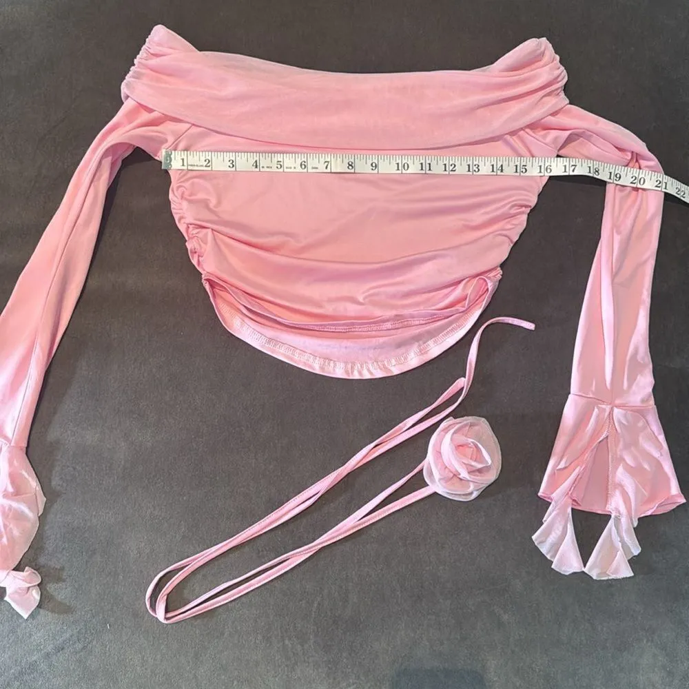 Pink 2 Piece Set Off the Shoulder Long Sleeve Crop Top & Skirt Size L NEW Size L - Image 8