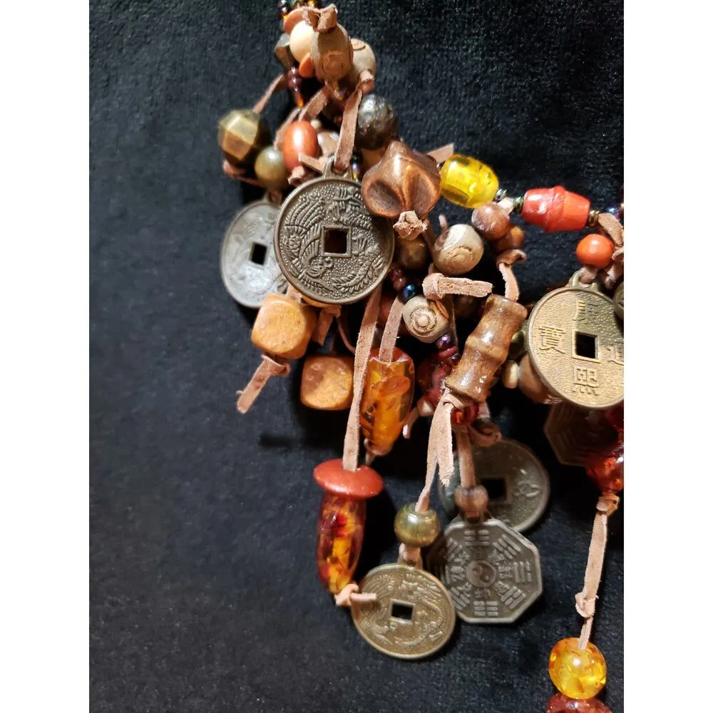 Women Boho Multi Coin Stones Beads Suede Cord Charm Cluster Bib Necklace Jewelry Brown - Image 4