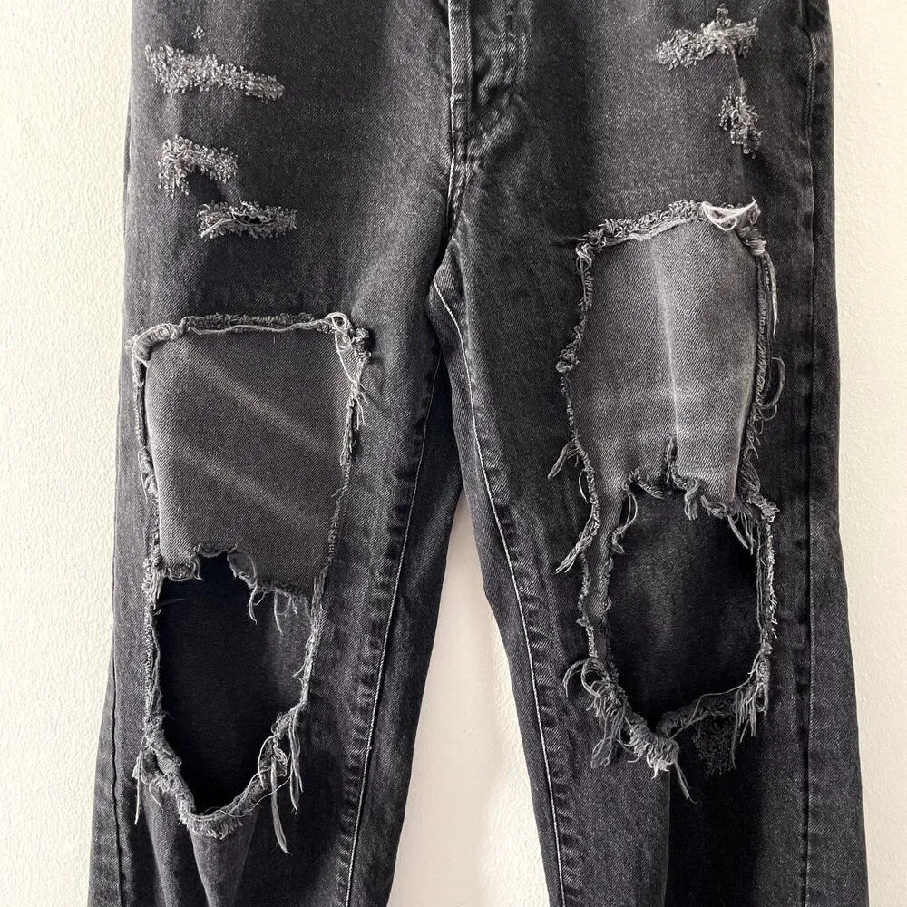 Free People Jeans Womens 27 Black Distressed Raw Hem High Rise Straight Leg - Image 7