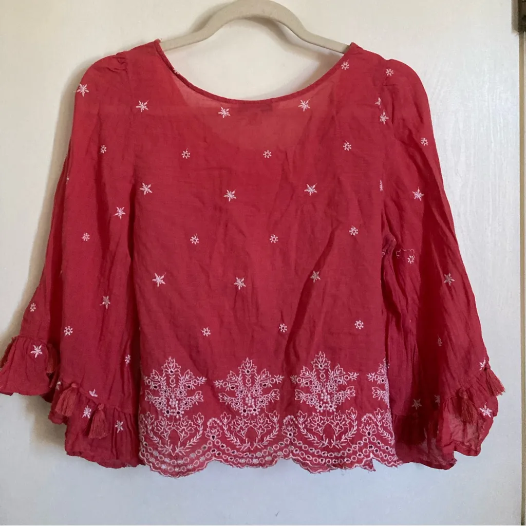 American Eagle Coral Eyelet Cropped Embroidered Bell Sleeve Blouse #Gr - Image 8