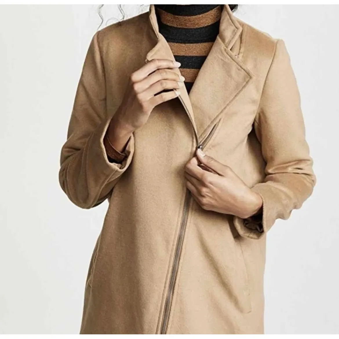 JACK by BB Dakota Camel Tan Asymmetrical Zip Collarless Wool Blend Coat Medium - Image 3