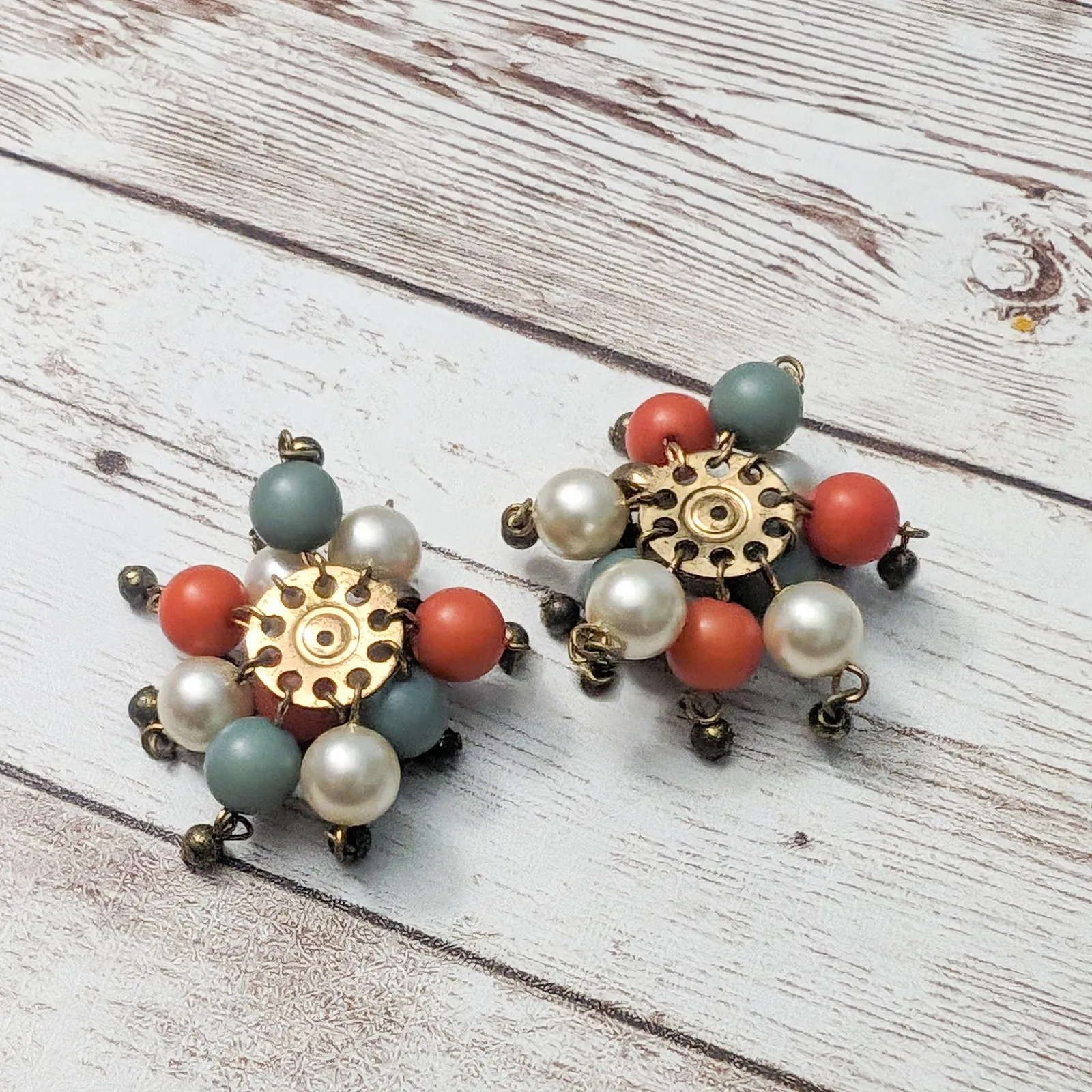 Vintage Clip On Earrings Multi Tone Cluster Dangle - Image 6