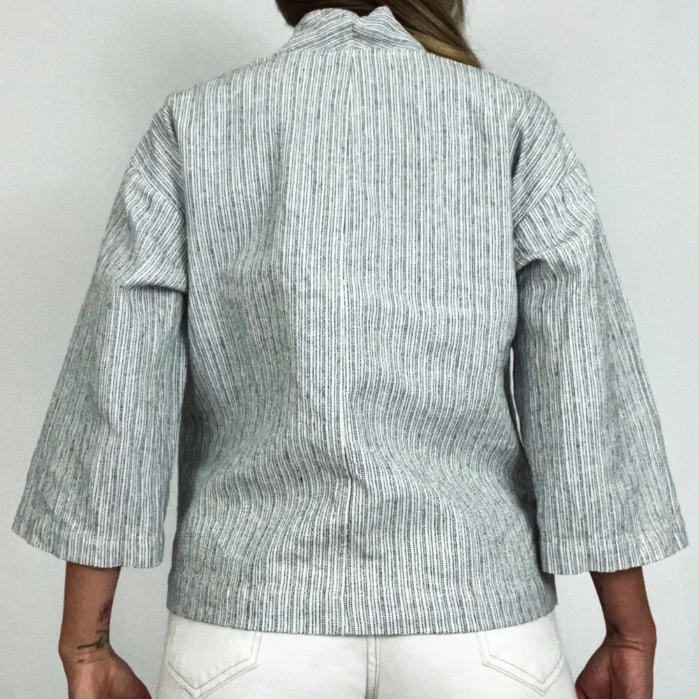 Eileen Fisher Organic Linen-Cotton Blend Ticking Stripe Jacket in White Size XS - Image 7