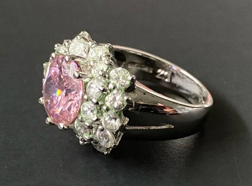 Vintage Costume Pink Rose Quartz And CZ Stone Ring - Image 6