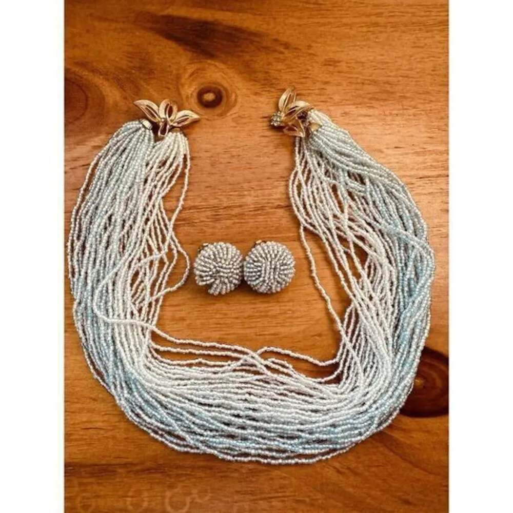 Vintage Multi Strand Seed Bead Necklace Fancy Flower Rhinestone Clasp W/earrings - Image 9