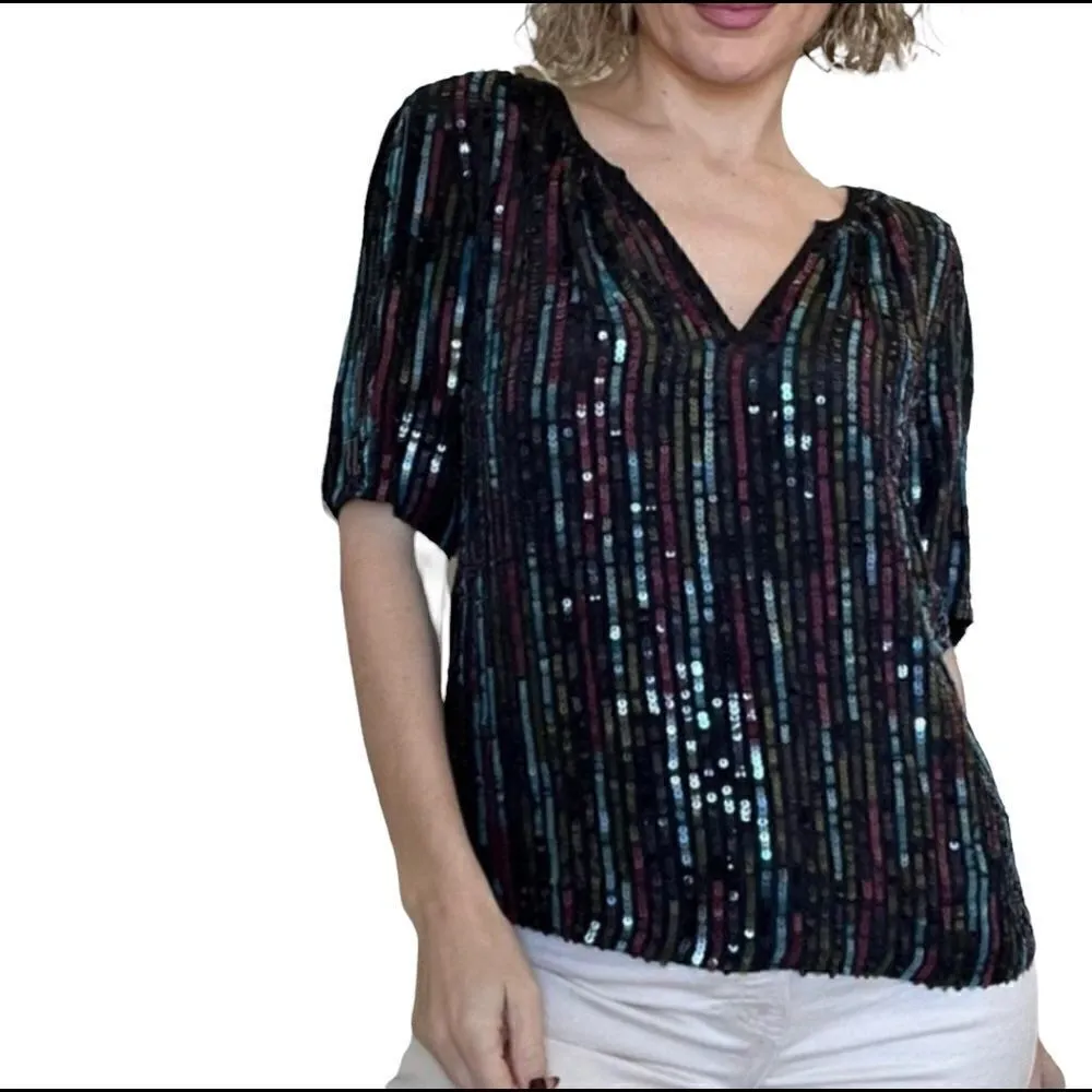 Velvet by Graham and Spencer Nikky Multicolor Sequin Short Sleeve Top small Black - Image 6
