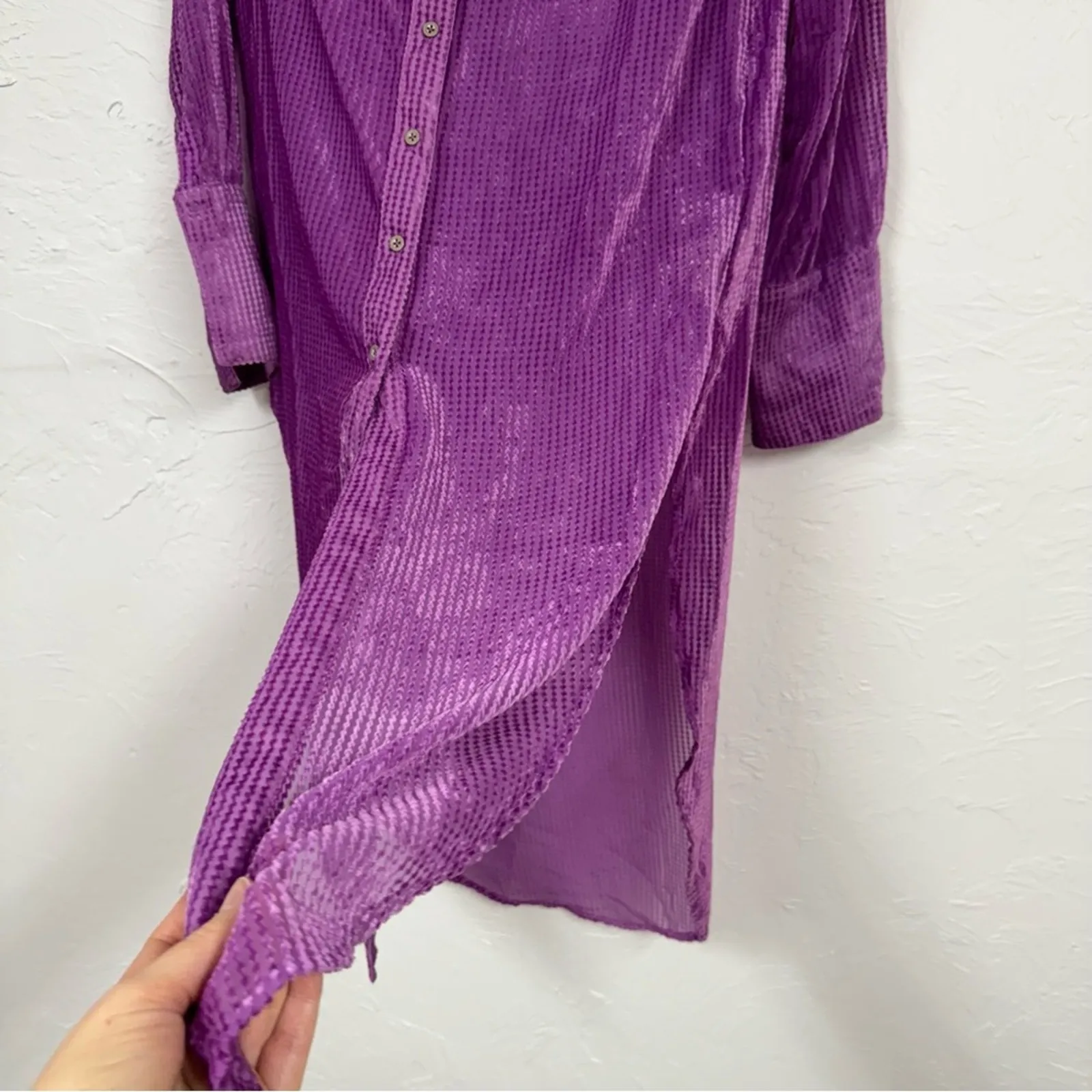 Akemi Kin Purple Velvet Burnout Button Down Tunic Women XS Oversized Sheer Boho - Image 8