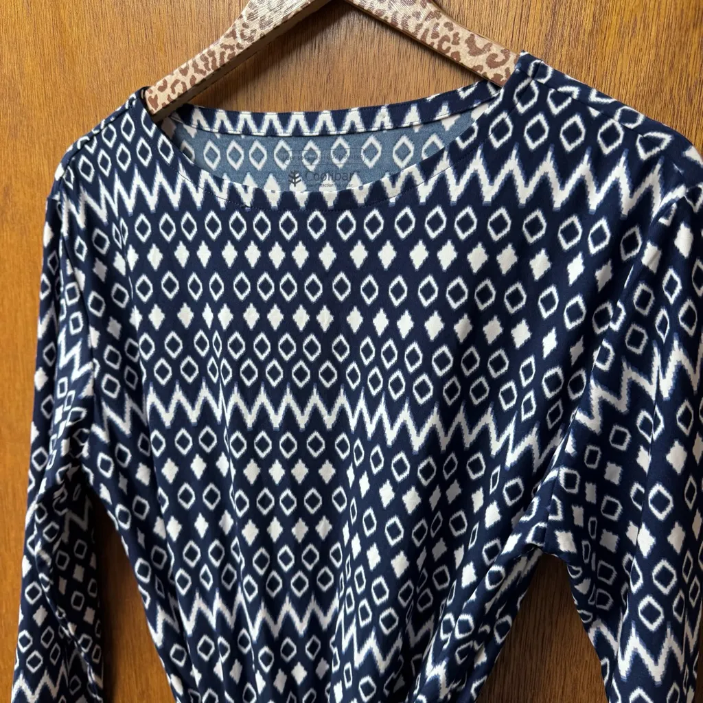 Coolibar Coastline Cover Up Mini Dress Long Sleeve Navy Blue Geo Ikat Medium - Image 5