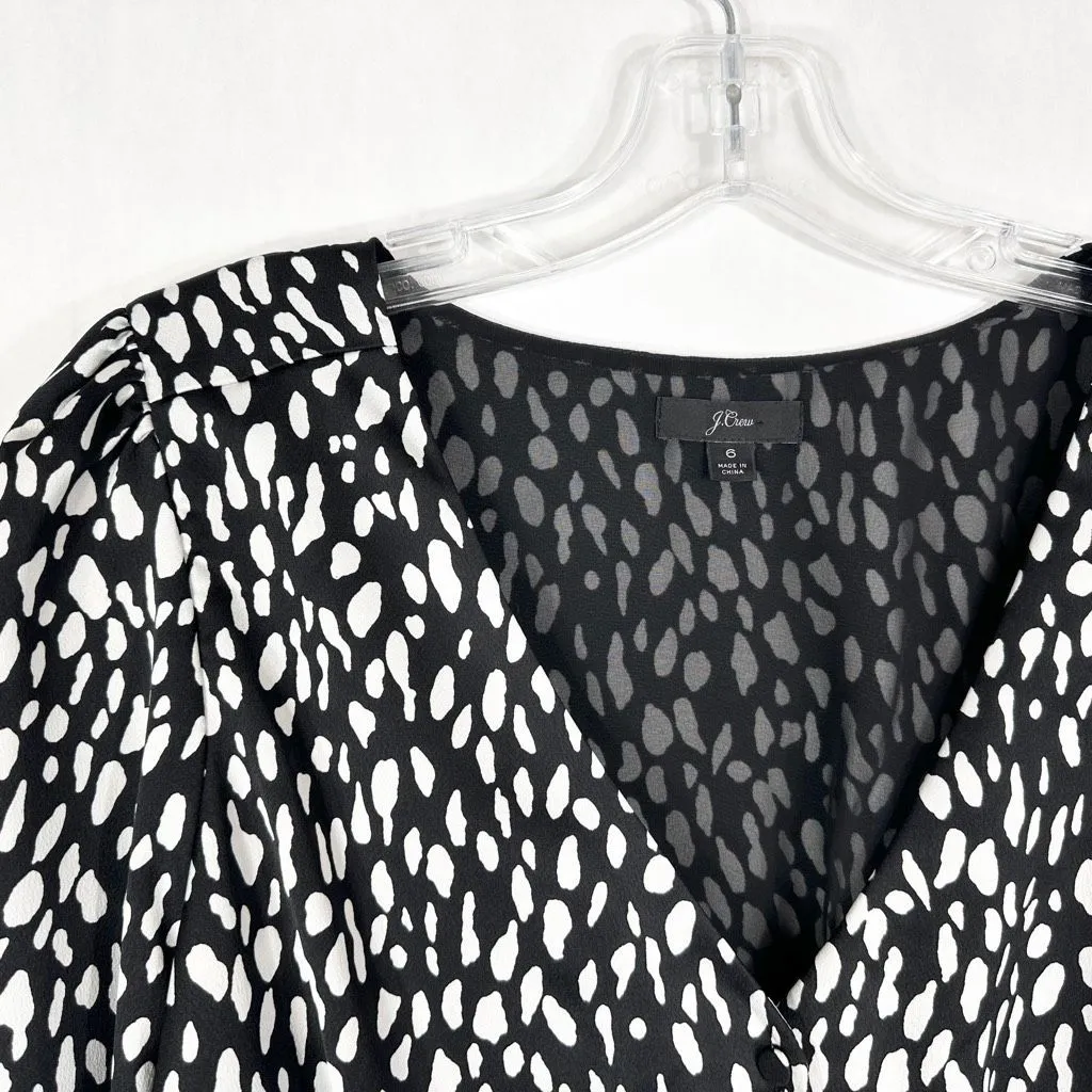 J Crew Size 6 Top Long Sleeve Crepe Satin Peplum Top Black‎ White V Neck 1376 Black - Image 3