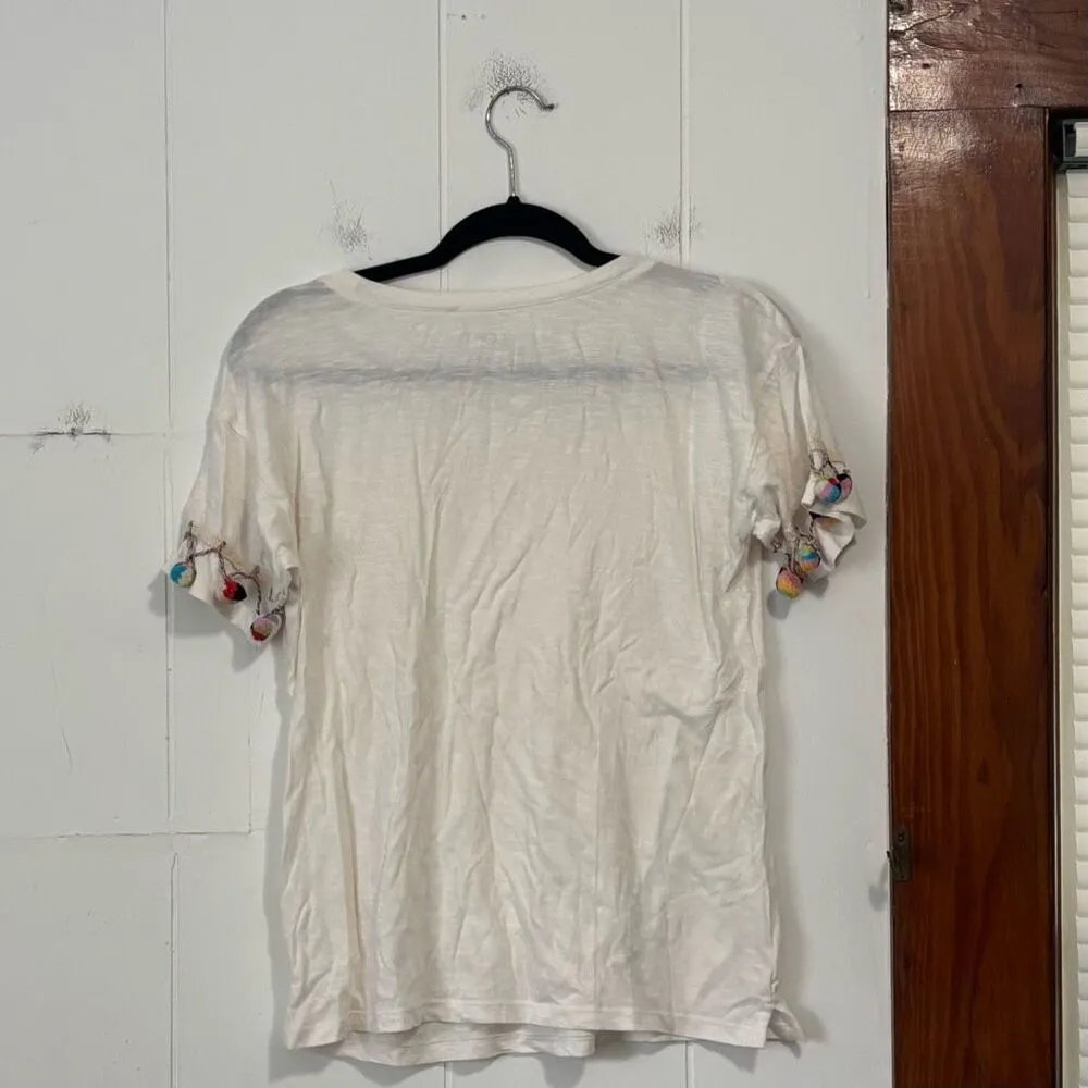 Loft lounge white pom pom‎ sleeve T-shirt coastal Beachy boho size XS - Image 5