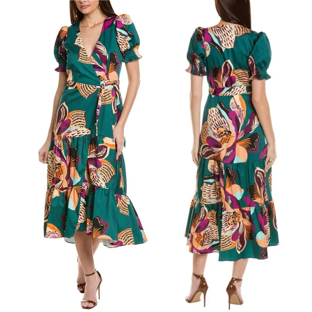 Hutch Danni Dress Teal Jungle Midi Wrap Floral Puff Sleeve Size Medium NWT - Image 2