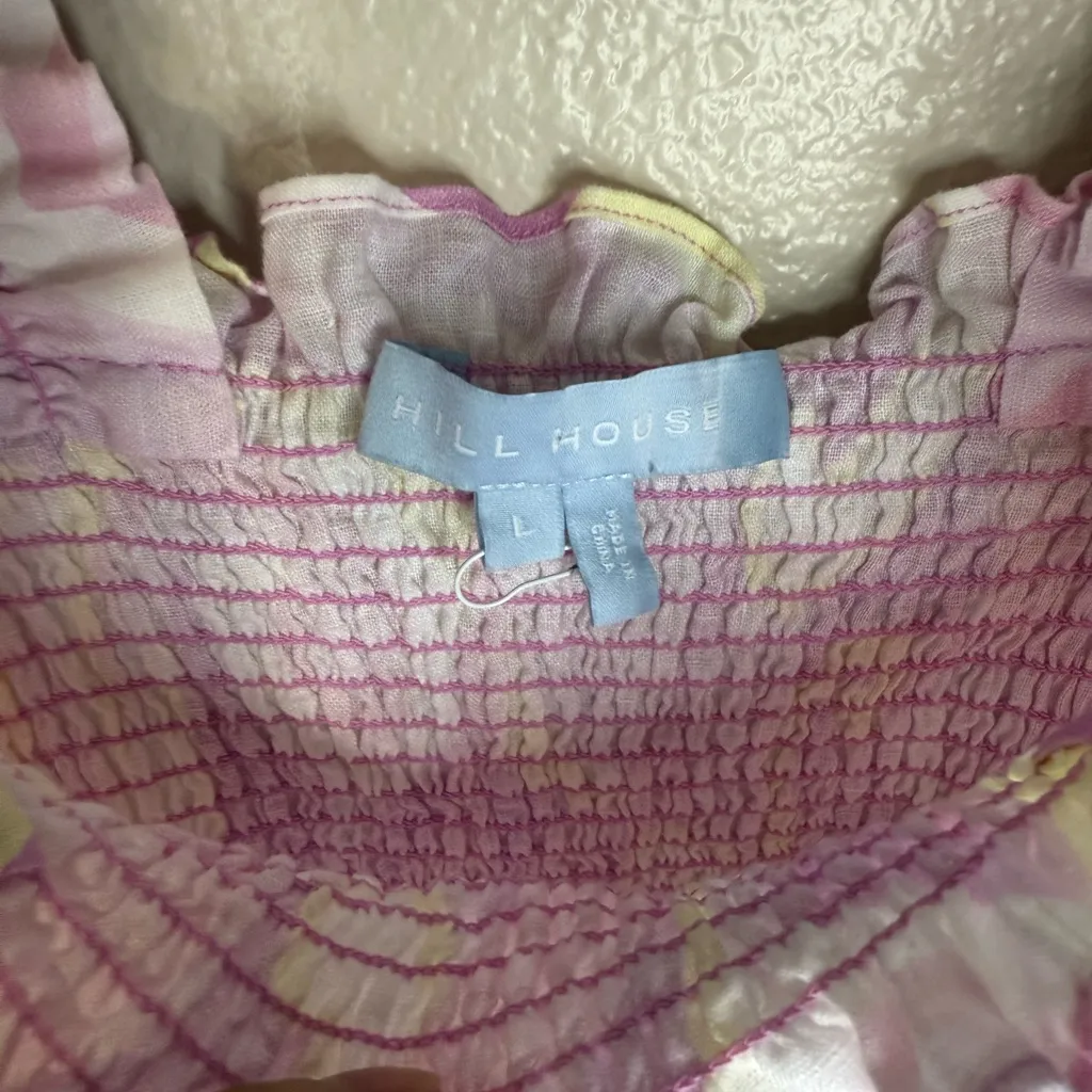 Hill House Home Elizabeth Nap Mini Dress Smocked Ruffle Pink Kaleidoscope Linen Size L - Image 4