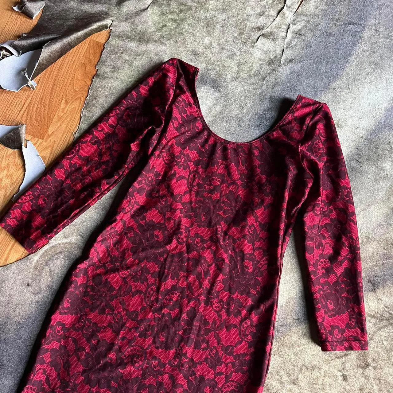 American Apparel Red And Black Goth Floral Lace Print Bodycon Mini Dress - Image 2