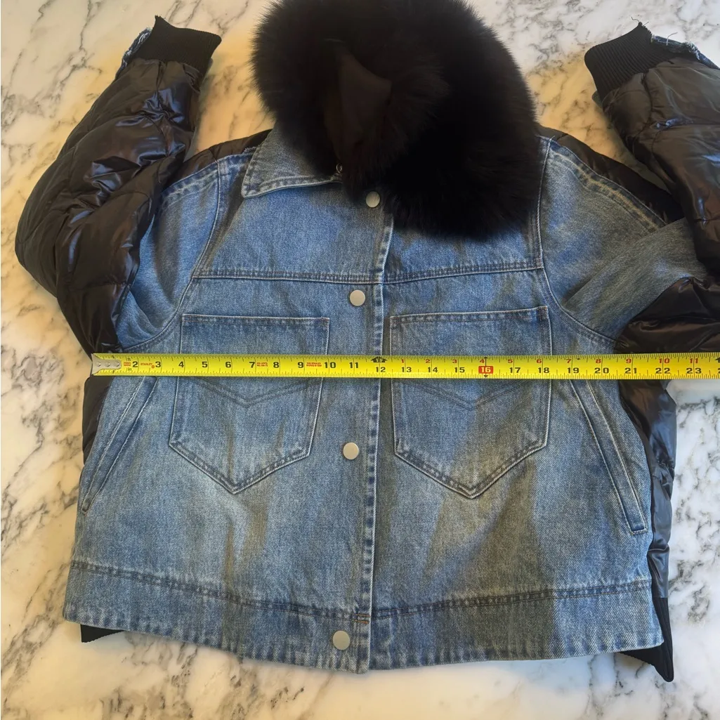 EUC HOUSE OF MUA MUA KARLETTO IS MY BESTFRIEND BLACK & DENIM DUVET JACKET Sz XS - Image 5