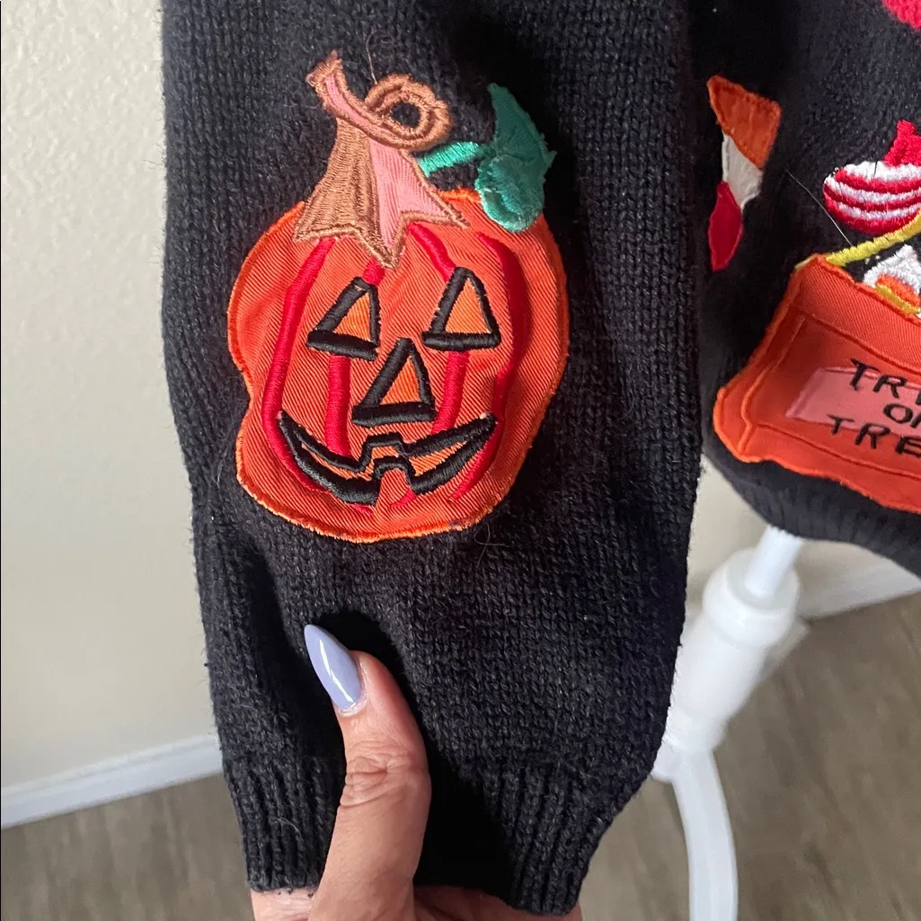 Gladys Bagley Vintage Halloween Cardigan – Pumpkin Patch Teddy Bear, Ghosts SZ L Black Size L - Image 3