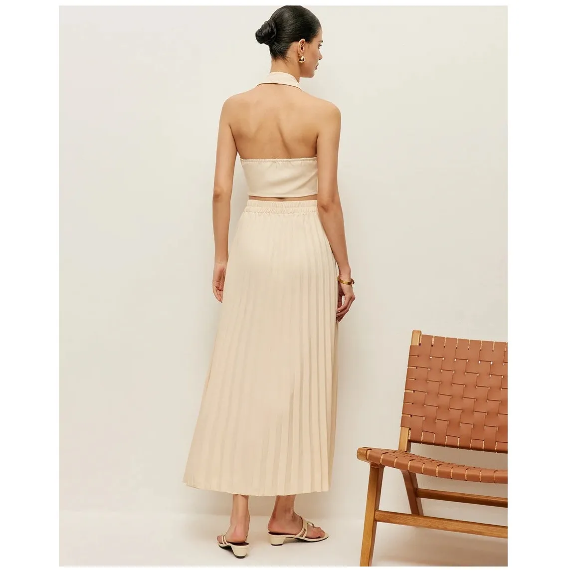 Commense Two Piece Vest Maxi Skirt Set Pleated Cream Size Small NEW - Image 2