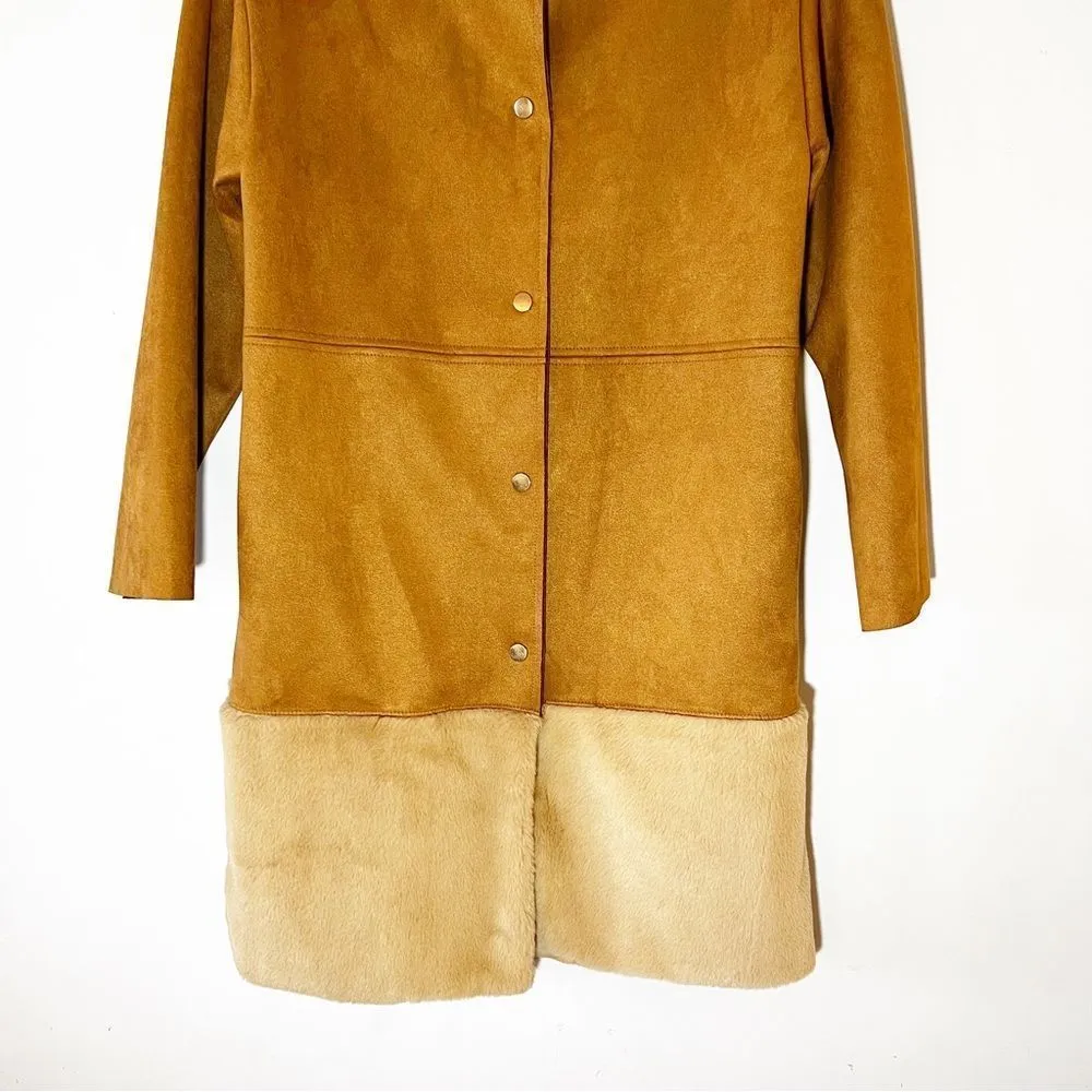 ZARA  Faux Fur Ultrasuede Coat Brown Size Small Snap Front Blogger Fave Cozy - Image 6