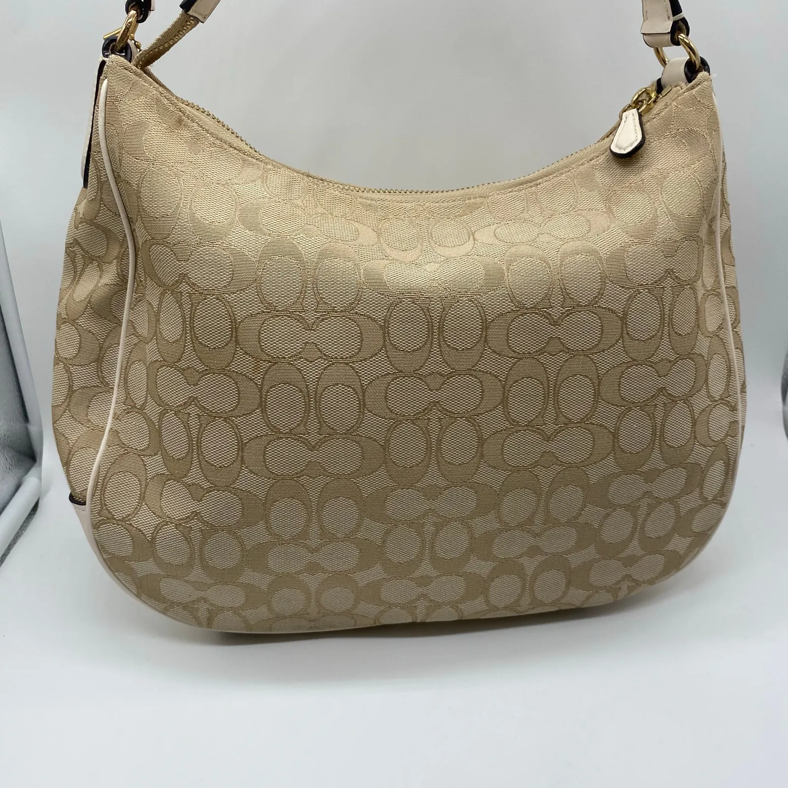 Coach Y2K Khaki White Jacquard Leather Fabric Trim Hobo Shoulder Tote Bag Retro - Image 5