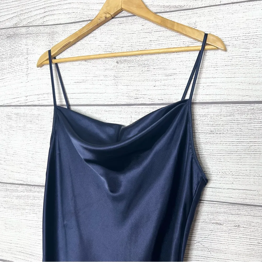 BEBE Navy Blue Satin Cowl Neck Midi Slip Dress Size Large - Image 5