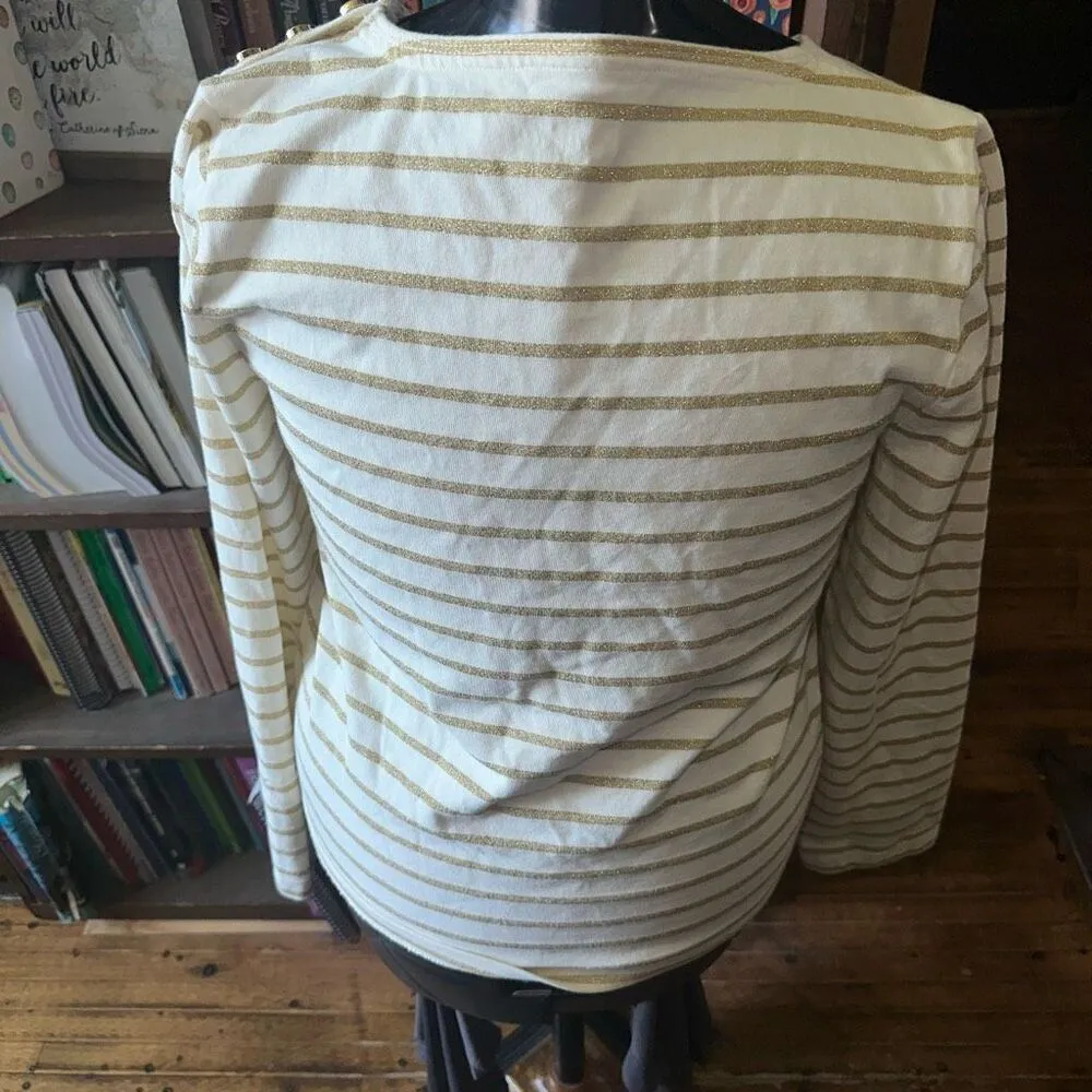J Crew Artist Tee nautical shimmery gold& white striped M knit top Blue Size M - Image 3