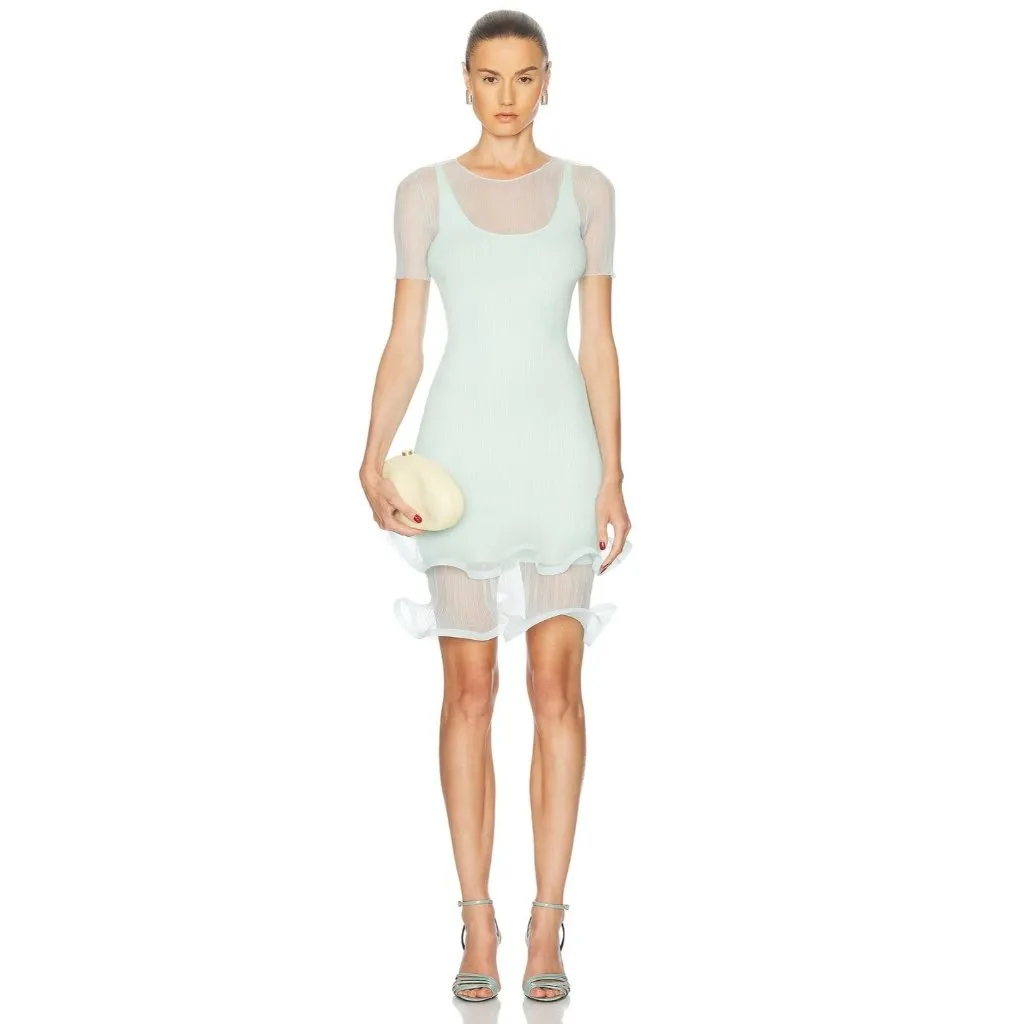 SIMKHAI Jett Short Sleeve Mini Dress in Seafoam Small New Womens Sheath Ruffle Blue - Image 16