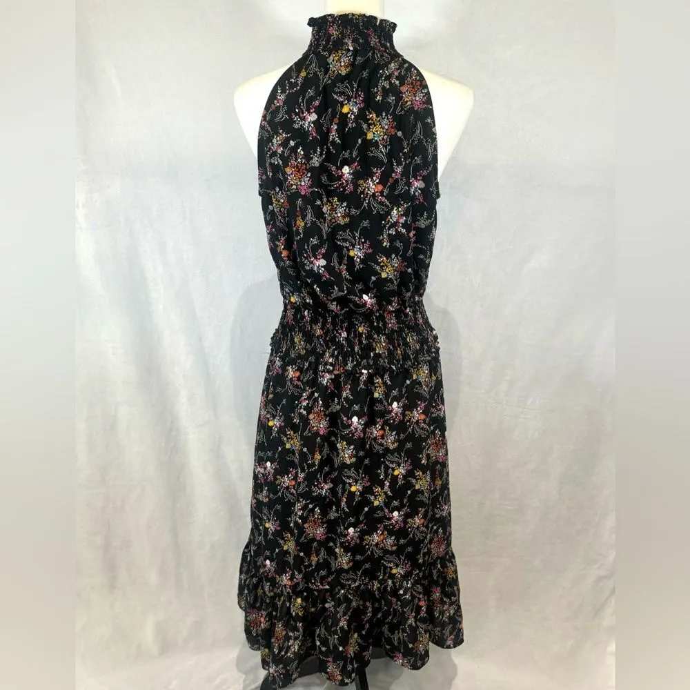 high mock neck smocked black ditsy floral midi dress size medium - Image 8