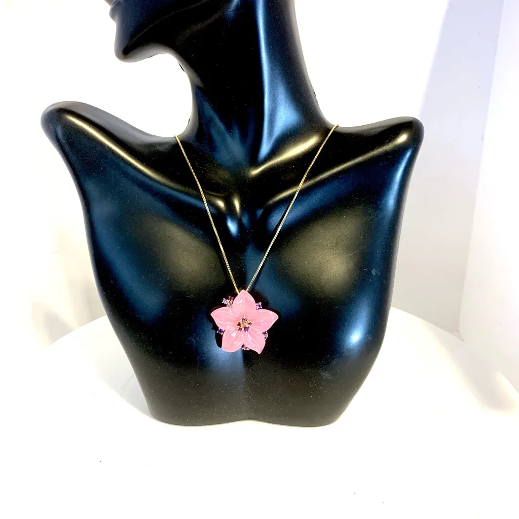 VINTAGE PINK QUARTZITE & AMETHYST GOLD TONE STERLING SILVER 925 PENDANT - Image 7