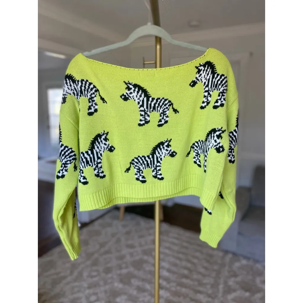 Nasty Gal Zebra Cropped Knit Sweater Neon Green Y2K Unique Bold Statement Funky - Image 3